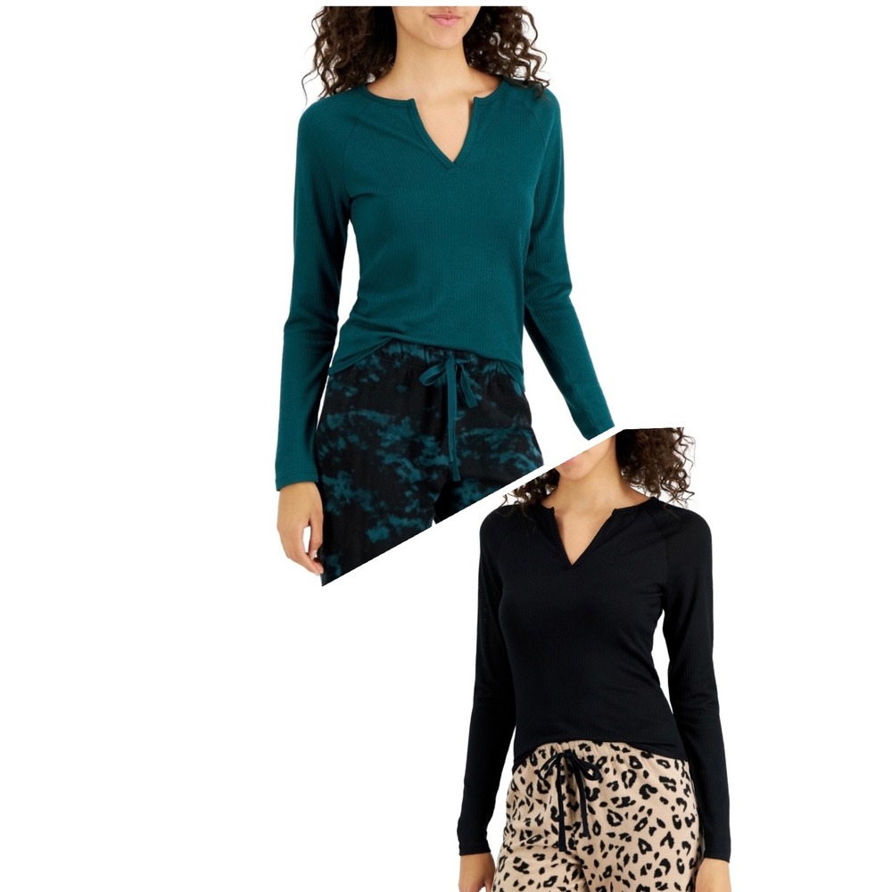 Jenni Women's Split-Neck Pajama Top Bundle of 2 - Black - Green - Size Medium
